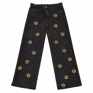 H&M Girls Black Smiley Face Denim Wide Leg Jeans Size 10